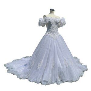 1980s Fairytale Off the Shoulder Puff Sleeves Princess Wedding Gown Long Train